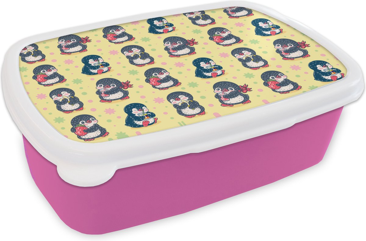 Broodtrommel Roze - Lunchbox - Brooddoos - Aardbei - Design - Pinguïn - 18x12x6 cm - Kinderen - Meisje