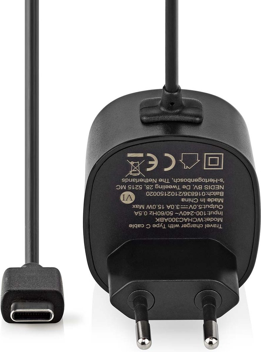 Nedis Oplader - 15 W - 1x 3.0 A - Outputs: 1 - USB-C Kabel - 1.50 m - Single Voltage Output - Zwart