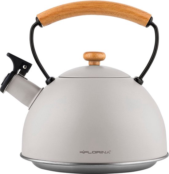 Florina Natura Line fluitketel RVS mat grijs 2.3 Liter - geschikt voor alle warmtebronnen - scandinavische stijl - massief houten handvat