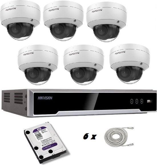 Set met 6 Hikvision DS-2CD2186G2-I 2.8mm 8mp camera’s, Hikvision recorder en Western Digital harde schijf