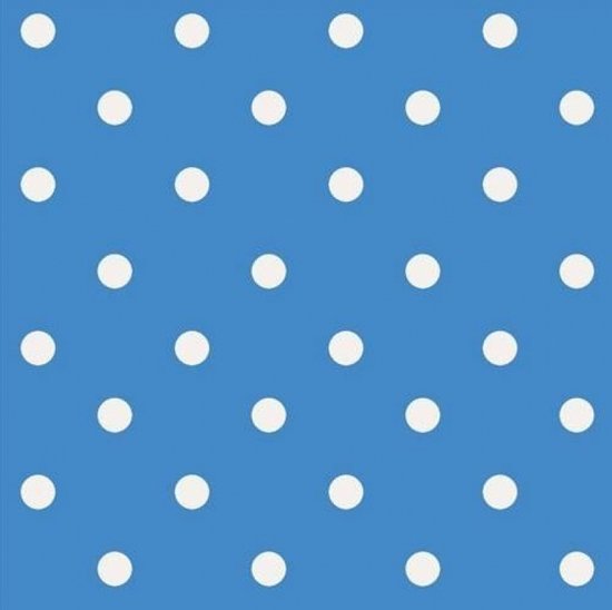 Blauw behang met een wit stippenpatroon.
