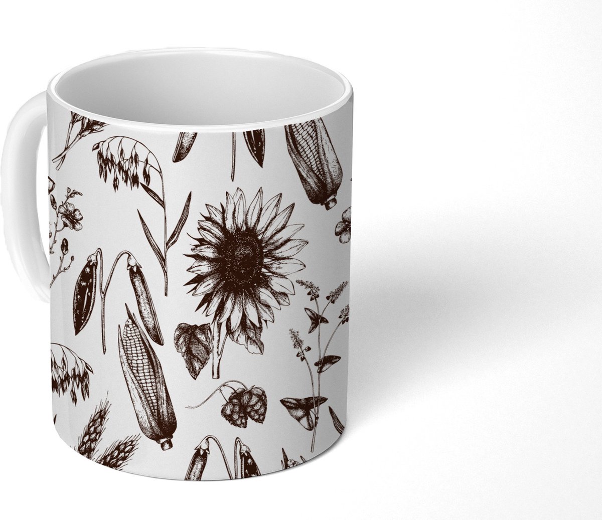 Mok - Koffiemok - Patroon - Planten - Zwart - Wit - Mokken - 350 ML - Beker - Koffiemokken - Theemok
