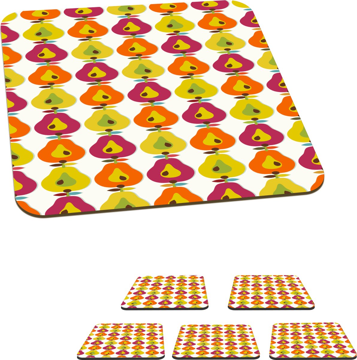Onderzetters voor glazen - Retro - Design - Peer - Fruit - 10x10 cm - Glasonderzetters - 6 stuks
