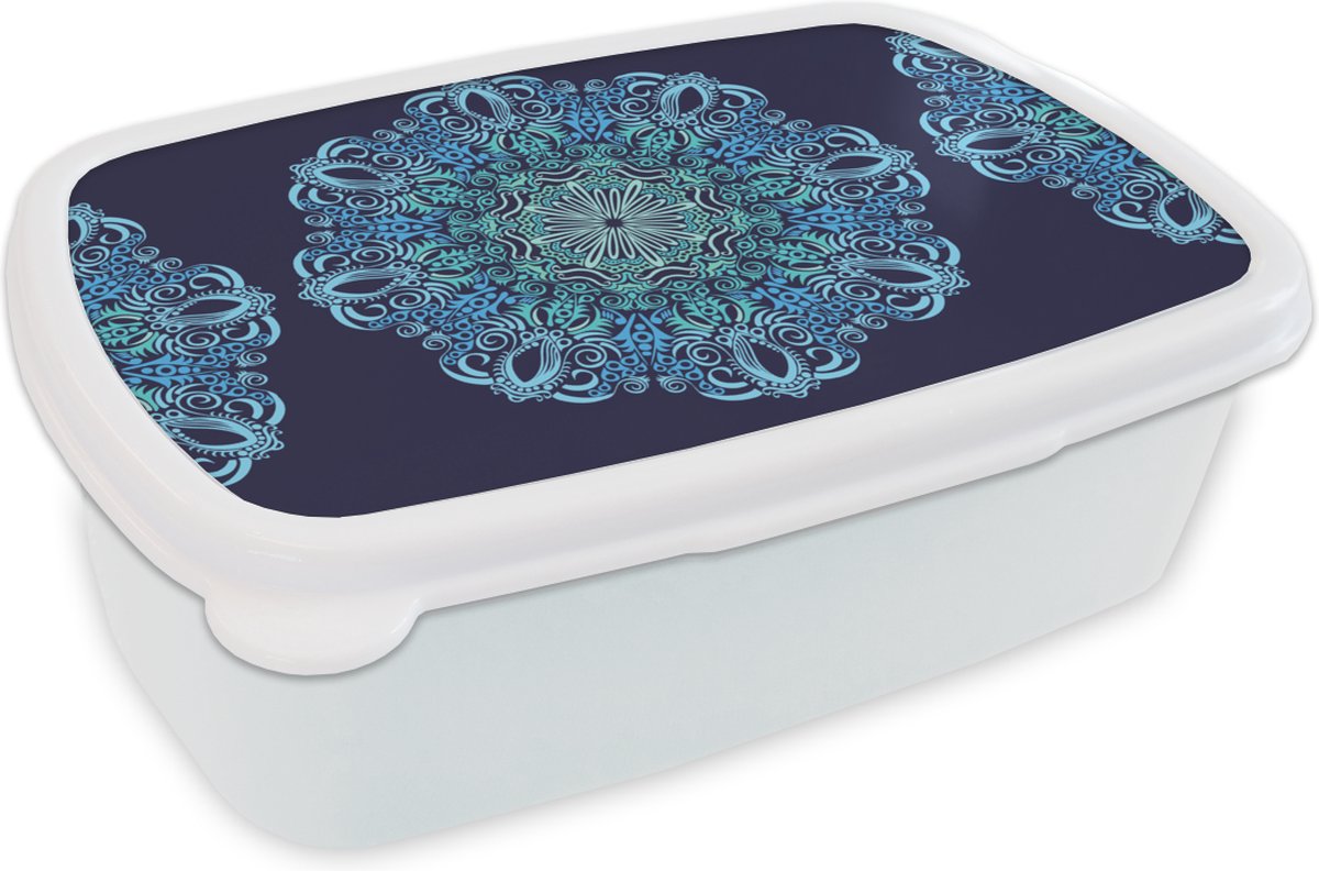 Broodtrommel Wit - Lunchbox - Brooddoos - Mandala - Blauw - Patronen - 18x12x6 cm - Volwassenen