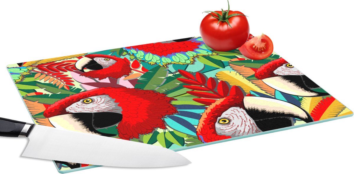 Glazen Snijplank - 39x28 - Jungle - Papegaai - Vogels - Design - Snijplanken Glas