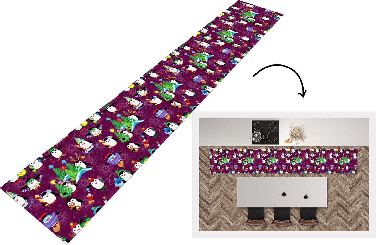 KitchenYeah Keukenloper - Keukenmat - Pinguïn - Kerstmis - Vuurwerk - Winter - Design - 360x60 cm - Keuken vloerkleed Multicolor