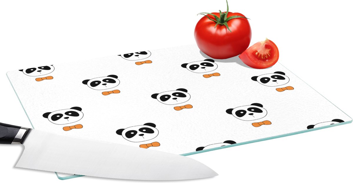 Glazen Snijplank - 28x20 - Panda - Zwart - Wit - Patroon - Snijplanken Glas