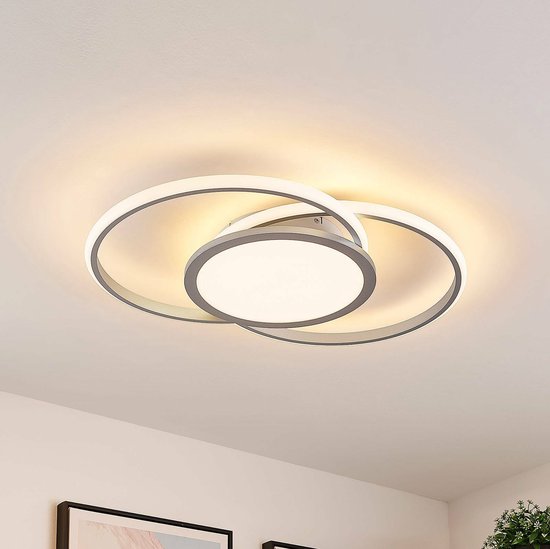 Lucande - LED plafondlamp- met dimmer - 1licht - ijzer, aluminium, kunststof - H: 7 cm - zilver - Inclusief lichtbron