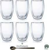 Dubbelwandige glazen - 350 ml - 12-delige Set - 6 glazen + 6 koffielepels - Thermisch glas - Koffieglazen - Theeglazen - Warme en Koude dranken - Giftset
