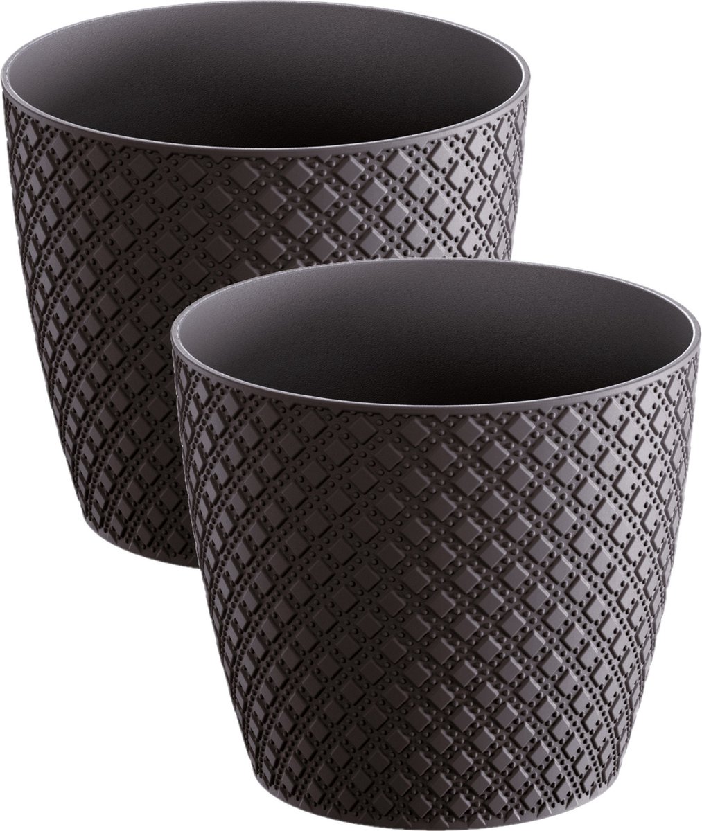 2x stuks orient stijl plantenpot/bloempot kunststof dia 13 cm en hoogte 11 cm in het antraciet grijs voor binnen/buiten