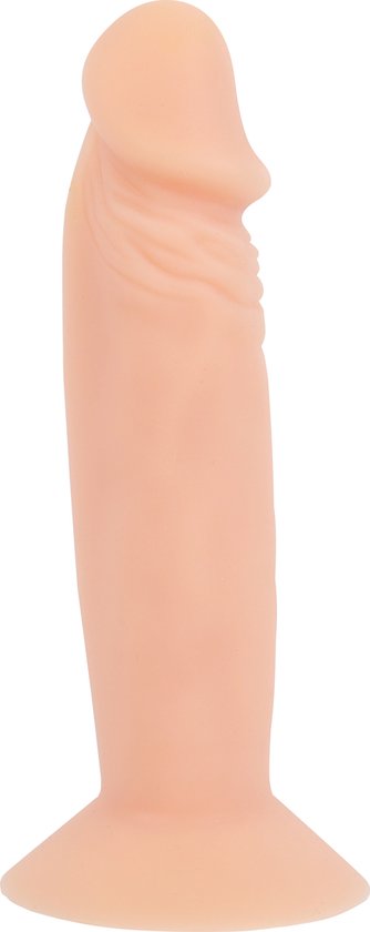Beige dildo met gerimpelde schacht, platte basis en afgeronde punt.