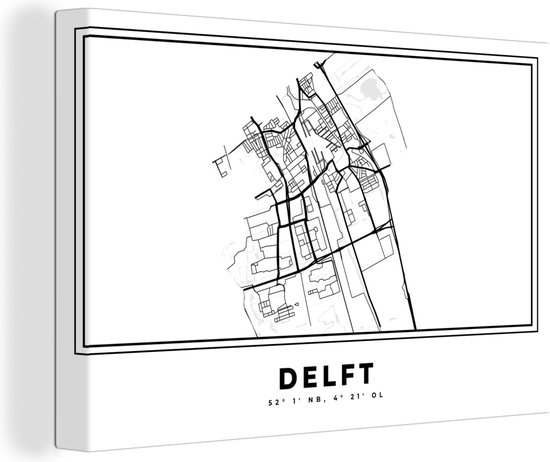 Canvas Schilderij Plattegrond – Delft – Zwart Wit – Stadskaart - Nederland - Kaart - 30x20 cm - Wanddecoratie