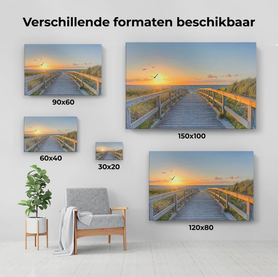 Artaza Canvas Schilderij Voetpad met Zee en Vogels - 90x60 cm - Wanddecoratie Woonkamer - Schilderijen - Muurdecoratie