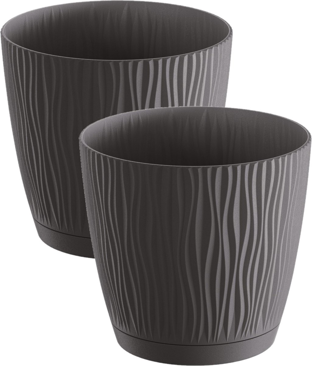 Prosperplast Plantenpot/bloempot Waves - 2x stuks - kunststof - antraciet grijs - D15 x H14 cm - binnen/buiten - met opvangschaal
