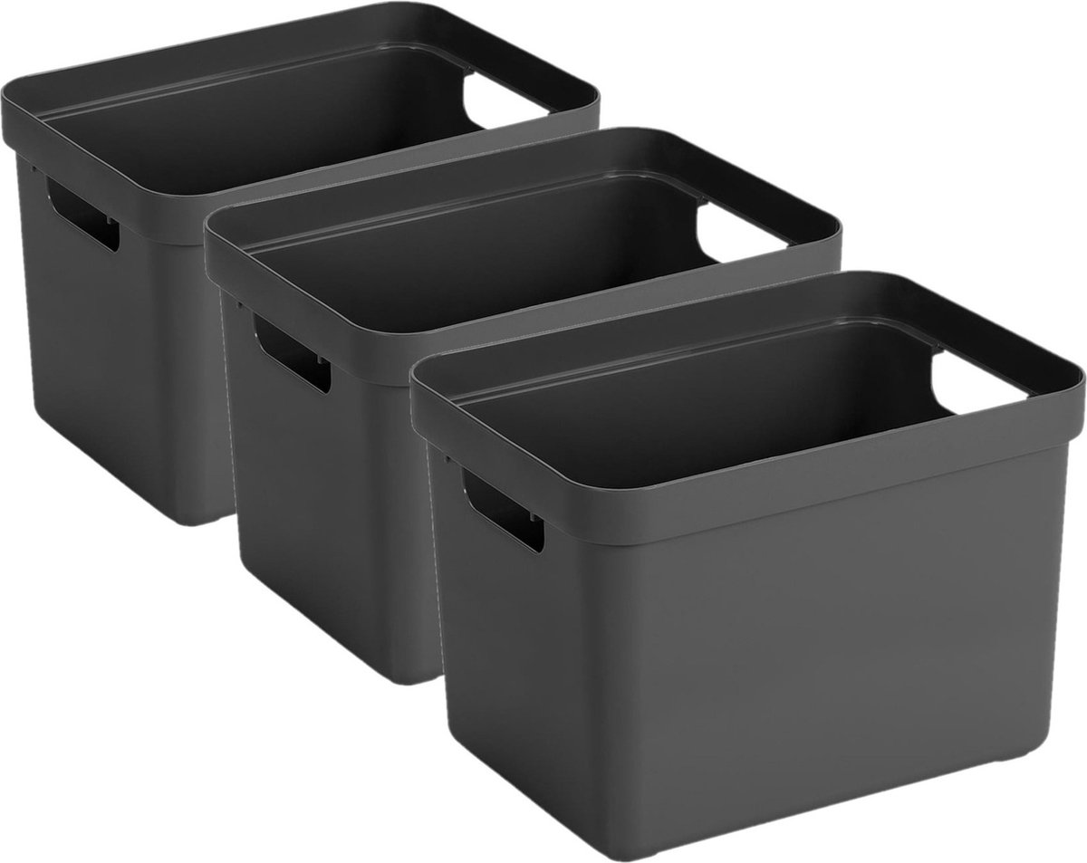 Sunware Opbergbox Sigma - 3x - kunststof - antraciet - 18 liter - Opbergbakken/opbergers - 35 x 25 x 25 cm