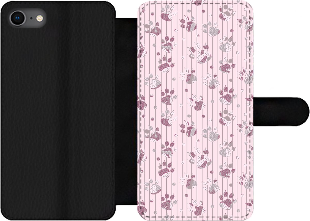 Telefoonhoesje Geschikt voor iPhone 8 telefoonhoesje - Hond - Roze - Patronen - Paars - Meisjes - Kinderen - Kids - Met vakjes - Wallet case met magneetsluiting