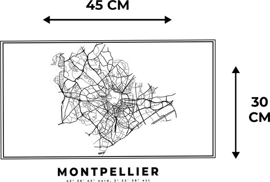Set de table - Napperons plastique - Montpellier - Carte - Wit Zwart - Plan de la ville - Carte - 45x30 cm - 6 pièces - Résistant à la chaleur - Antidérapant - Sous-couche - Amovible