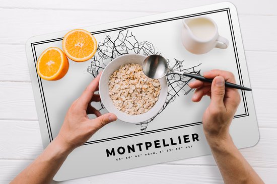 Set de table - Napperons plastique - Montpellier - Carte - Wit Zwart - Plan de la ville - Carte - 45x30 cm - 6 pièces - Résistant à la chaleur - Antidérapant - Sous-couche - Amovible