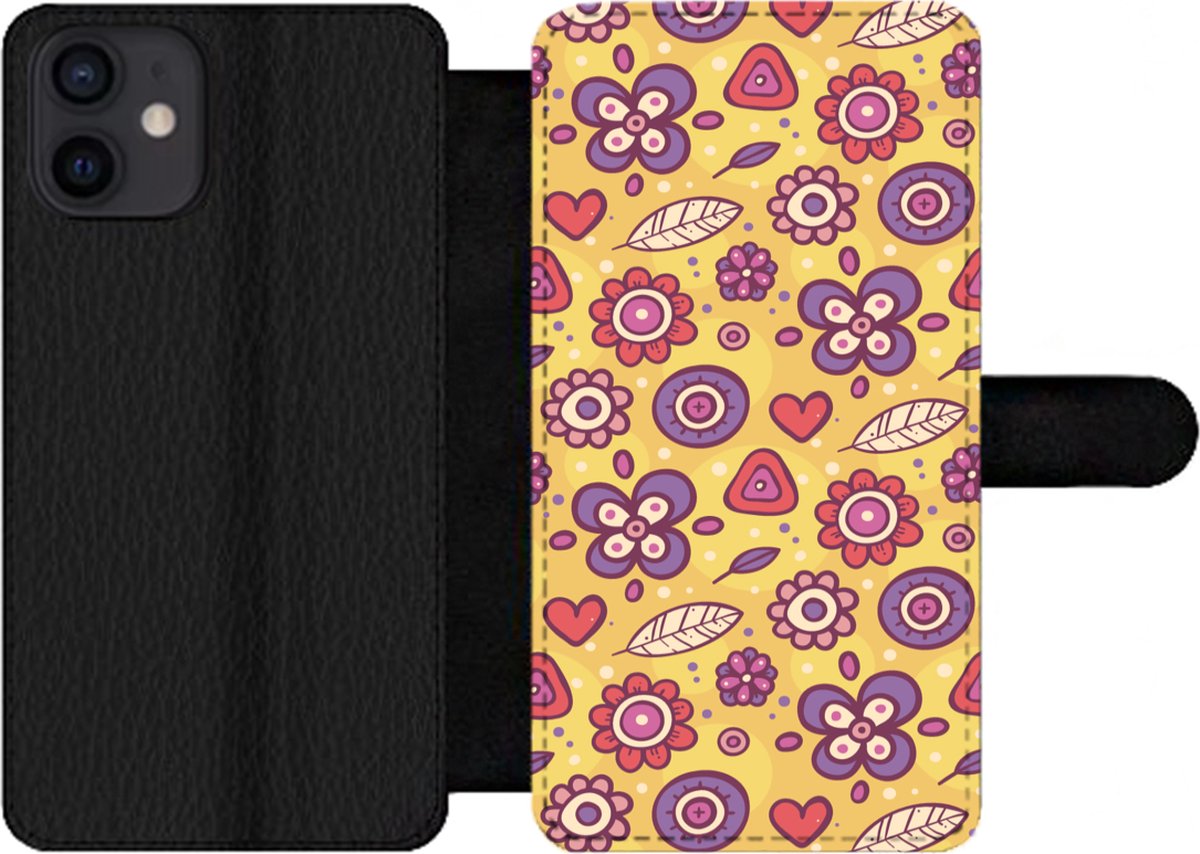 Telefoonhoesje Geschikt voor iPhone 12 telefoonhoesje - Patroon - Bloemen - Paars - Oranje - Met vakjes - Wallet case met magneetsluiting