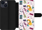 Bookcase Geschikt voor iPhone 13 Mini telefoonhoesje - Meiden - Muziek - Koptelefoon - Patronen - Girl - Roze - Kinderen - Kind - Met vakjes - Wallet case met magneetsluiting
