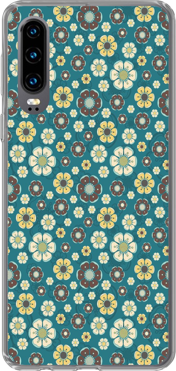 Telefoonhoesje Geschikt voor Huawei P30 hoesje - Retro - Bloemen - Patronen - Blauw - Siliconen Telefoonhoesje Telefoonhoesje