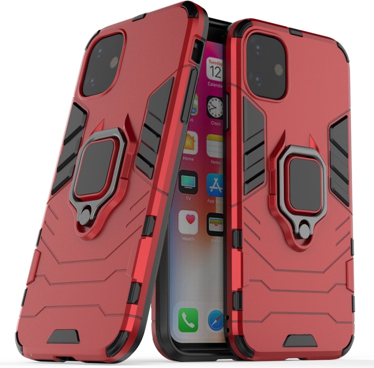 Mobigear Hoesje geschikt voor Apple iPhone 11 Telefoonhoesje Hardcase | Mobigear Armor Ring Backcover Shockproof met Ringhouder | Schokbestendig iPhone 11 Telefoonhoesje | Anti Shock Proof - Rood
