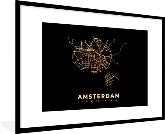 Fotolijst incl. Poster - Plattegrond - Kaart - Amsterdam - Stadskaart - 90x60 cm - Posterlijst