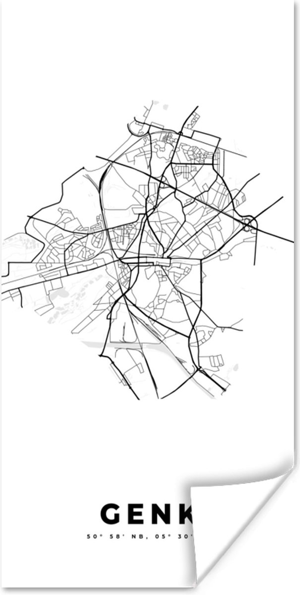 Poster Kaart – Plattegrond – Stadskaart – Genk – België – Zwart Wit - 40x80 cm - PosterMonkey