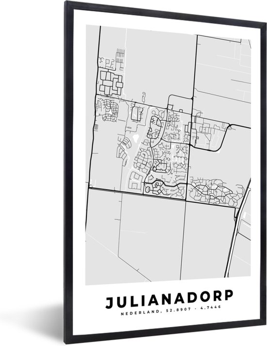 Fotolijst incl. Poster Zwart Wit- Julianadorp - Stadskaart - Zwart Wit - Kaart - Plattegrond - Nederland - 40x60 cm - Posterlijst