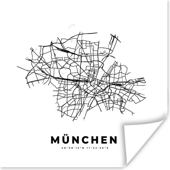 Poster Kaart – Plattegrond – Stadskaart – München – Duitsland – Zwart Wit - 100x100 cm XXL