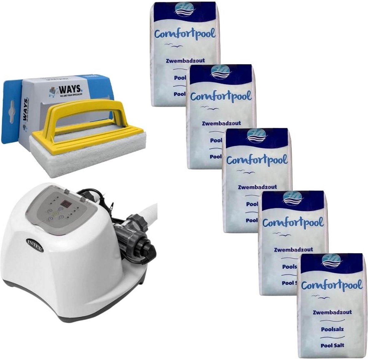 Intex - Zoutwatersysteem 26668GS & Zwembadzout 100 kg & WAYS Scrubborstel
