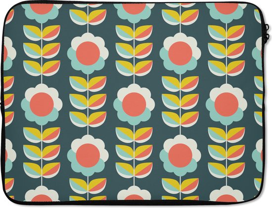 Laptophoes 15.6 inch - Retro - Bloemen - Scandinavisch - Laptop sleeve - Binnenmaat 37x26 cm - Zwarte achterkant