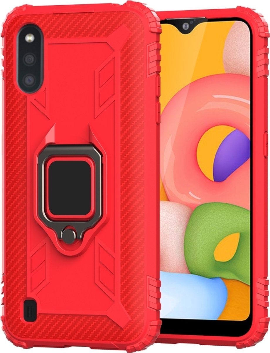 Mobigear Hoesje geschikt voor Samsung Galaxy A01 Telefoonhoesje Flexibel TPU | Mobigear Armor Ring Backcover Shockproof met Ringhouder | Schokbestendig Galaxy A01 Telefoonhoesje | Anti Shock Proof - Rood
