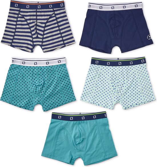 Little Label Ondergoed Jongens - Onderbroeken Jongens Maat 98-104 - wit, blauw, aqua - Zachte BIO Katoen - 5 Stuks - Boxershorts - Print