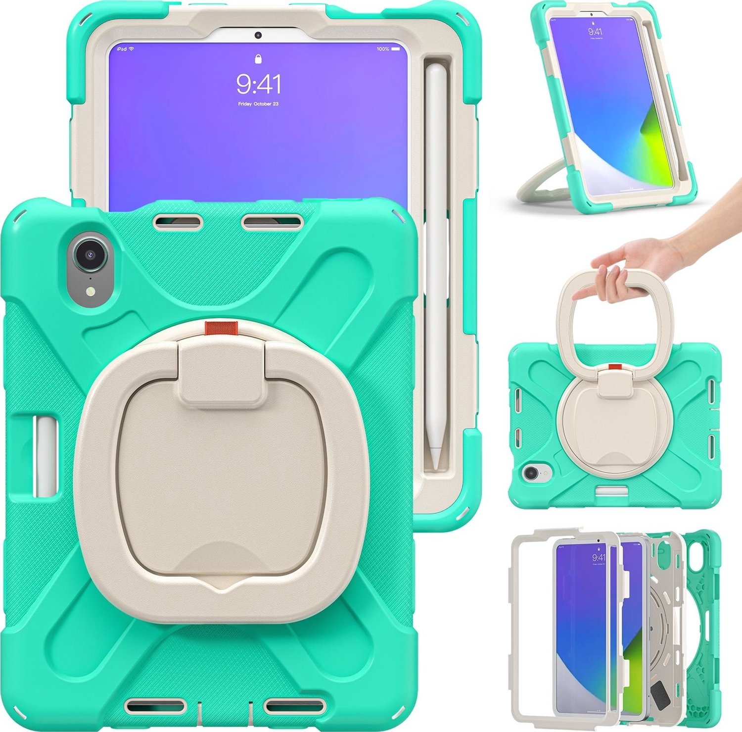 Mobigear RingGuard Tablethoes geschikt voor Apple iPad Mini 6 (2021) Hardcase Backcover + Stylus Houder + Schouderband + Standaard - Turquoise