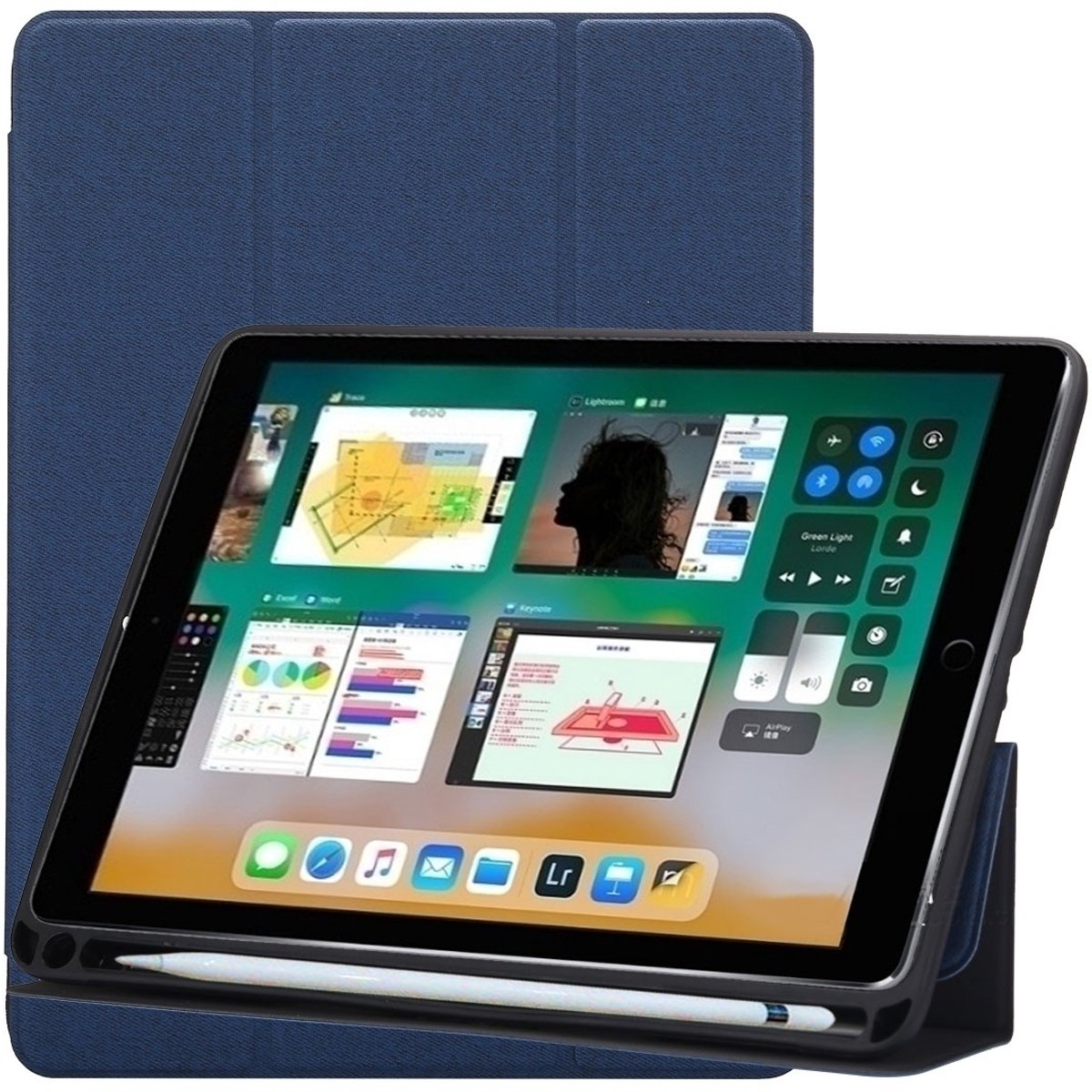 Mobigear Tablethoes geschikt voor Apple iPad 6 (2018) Hoes | Mobigear Tri-Fold Gel Bookcase + Stylus Houder - Donkerblauw