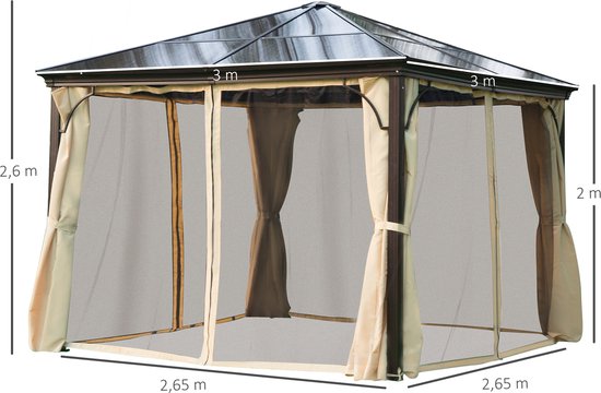Tuinpaviljoen 4x4 m houtoptiek stalen dak hardtop 4 zijwanden crèmekleurig