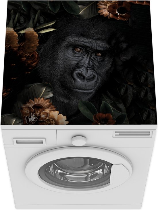 Protège machine à laver - Tapis de machine à laver - Singe - Animaux -  Fleurs - Zwart