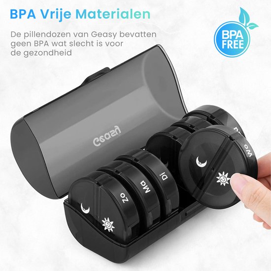Pilulier GEASY 7 jours 2 compartiments - Pilulier avec boîte de rangement pratique pour les déplacements - Verrouillage fort - Néerlandais - Zwart