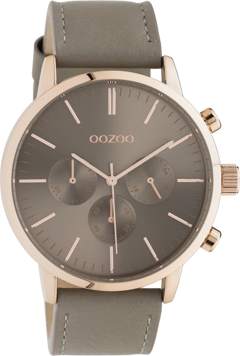 OOZOO Timepieces - rosé goudkleurige horloge met taupe leren band - C10916 - Ø45