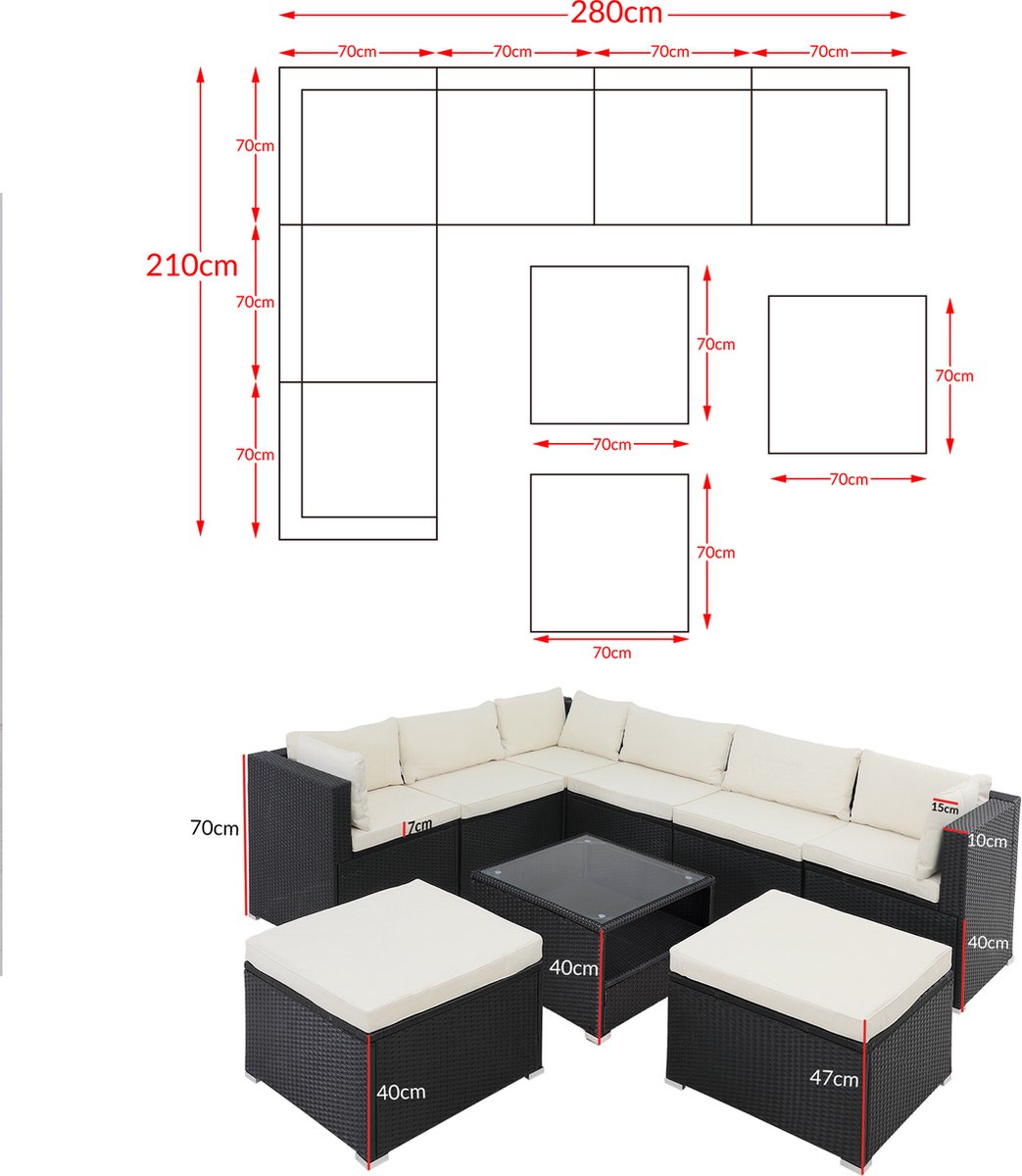 Casaria Polyrattan Loungeset XXL – Kussens & Tafel Glas - Zwart Crème thumbnail 2