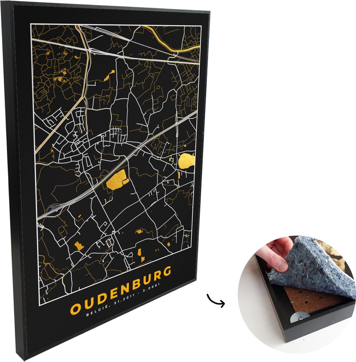 Akoestische Panelen - Geluidsisolatie - Akoestisch Wandpaneel - Wanddecoratie - Schilderij - 80x120 cm - Kaart - Oudenburg - Plattegrond - Goud - Stadskaart - Geluidsdemper - Isolatie platen - Studio Schuim