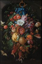 Walljar - De Heem - Festoen van Vruchten en Bloemen - Muurdecoratie - Poster met lijst