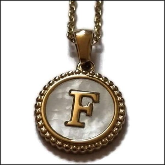 Aramat jewels -ketting-letter f- chirurgisch staal -wit- schelp - goudkleurig-45cm - dames- rond