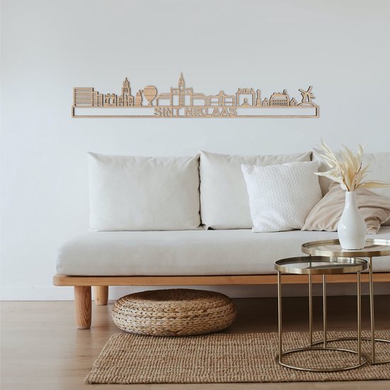 Skyline Sint Niklaas Bois de chêne 130 Cm Décoration murale pour le mur avec texte City Shapes
