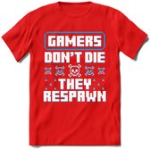 Gamers don't die pixel T-shirt | Blauw | Gaming kleding | Grappig game verjaardag cadeau shirt Heren – Dames – Unisex | - Rood - S
