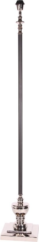 Pied de lampe argenté avec une base carrée, orné de détails élégants et d'un pied haut et fin.
