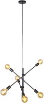 Zwarte hanglamp met 6 lichtpunten in een ster- of atoomvorm, met zichtbare Edison-lampen.