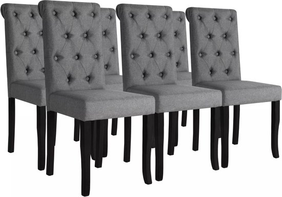 Six chaises de salle à manger gris foncé avec boutons, hauts dossiers et pieds noirs.