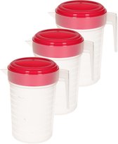 3x stuks waterkan/sapkan transparant/fuchsia roze met deksel 1 liter kunststof - Smalle schenkkan die in de koelkastdeur past